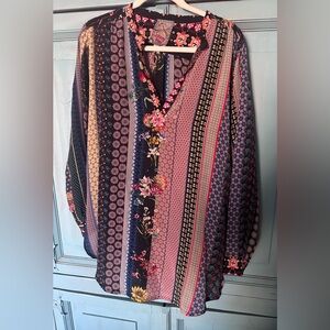 Johnny Was Floral and Geometric Blouse in Blue and Pink